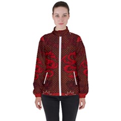 Awesome Chinese Dragon, Red Colors Women s High Neck Windbreaker by FantasyWorld7