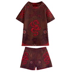 Awesome Chinese Dragon, Red Colors Kids  Swim Tee And Shorts Set by FantasyWorld7