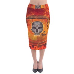 Awesome Skull With Celtic Knot With Fire On The Background Velvet Midi Pencil Skirt by FantasyWorld7