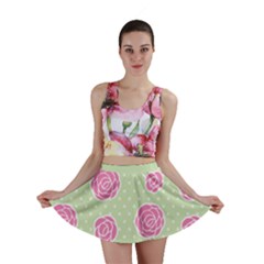 Roses Flowers Pink And Pastel Lime Green Pattern With Retro Dots Mini Skirt by genx