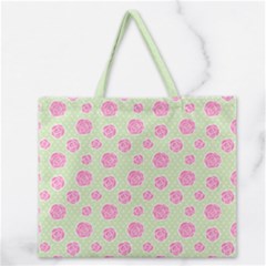 Roses Flowers Pink And Pastel Lime Green Pattern With Retro Dots Zipper Large Tote Bag by genx