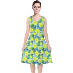 Narcissus Yellow Flowers Winter V-neck Midi Sleeveless Dress  by Pakrebo