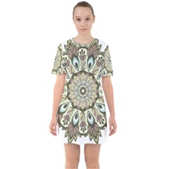 Mandala Pattern Round Floral Sixties Short Sleeve Mini Dress by Pakrebo