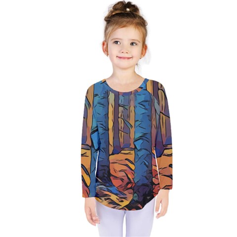 Woods Trees Abstract Scene Forest Kids  Long Sleeve Tee by Pakrebo