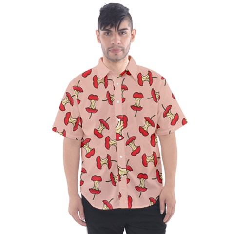 Red Apple Core Funny Retro Pattern Half Eaten On Pastel Orange Background Men s Short Sleeve Shirt by genx