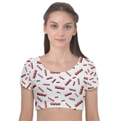 Funny Bacon Slices Pattern Infidel Red Meat Velvet Short Sleeve Crop Top 