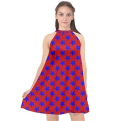 Blue Stars Pattern On Red Halter Neckline Chiffon Dress  by BrightVibesDesign