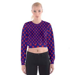 Red Stars Pattern On Blue Cropped Sweatshirt by BrightVibesDesign