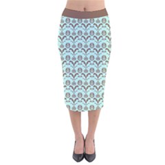 Easter Damask Pattern Robins Egg Blue And Brown Velvet Midi Pencil Skirt by emilyzragz