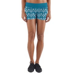 Easter Damask Pattern Deep Teal Blue And White Yoga Shorts by emilyzragz