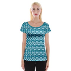 Easter Damask Pattern Deep Teal Blue And White Cap Sleeve Top by emilyzragz