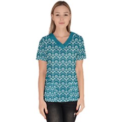 Easter Damask Pattern Deep Teal Blue And White Women s V-neck Scrub Top by emilyzragz