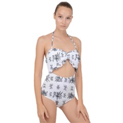 Black And White Ethnic Design Print Scallop Top Cut Out Swimsuit by dflcprintsclothing