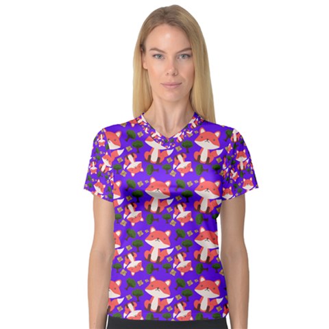 Fox And Trees Pattern Blue V-neck Sport Mesh Tee by snowwhitegirl