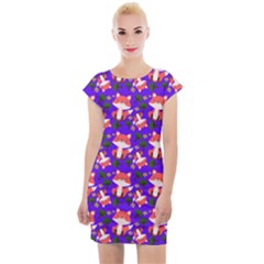 Fox And Trees Pattern Blue Cap Sleeve Bodycon Dress