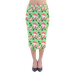 Fox And Trees Pattern Green Velvet Midi Pencil Skirt