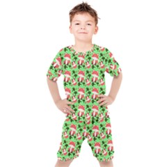 Fox And Trees Pattern Green Kids  Tee And Shorts Set