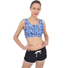 Dog Pattern Blue V-back Sports Bra