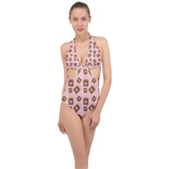 Shopping Bag Pattern Pink Halter Front Plunge Swimsuit by snowwhitegirl