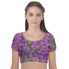 Retro Pink Purple Geometric Pattern Velvet Short Sleeve Crop Top 