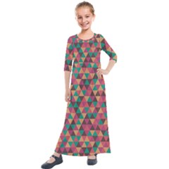 Retro Orange Green Geometric Pattern Kids  Quarter Sleeve Maxi Dress