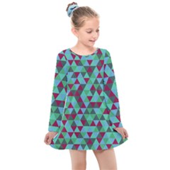 Retro Teal Green Geometric Pattern Kids  Long Sleeve Dress by snowwhitegirl