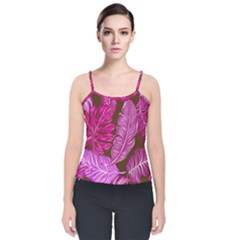 Tropical Pink Leaves Velvet Spaghetti Strap Top