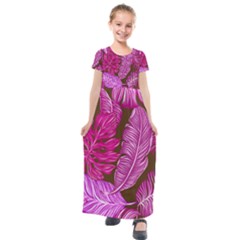 Tropical Pink Leaves Kids  Short Sleeve Maxi Dress