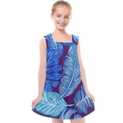 Tropical Blue Leaves Kids  Cross Back Dress