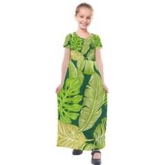 Tropical Green Leaves Kids  Short Sleeve Maxi Dress