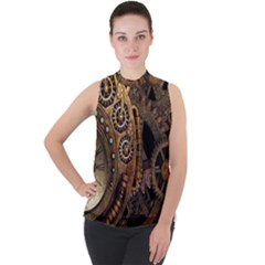 Steampunk Clock Mock Neck Chiffon Sleeveless Top