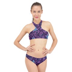 Stamping Pattern Leaves Drawing High Neck Bikini Set