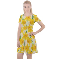 Yellow Daffodils Pattern Cap Sleeve Velour Dress 