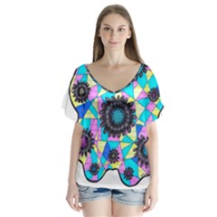 Neon Geometric Flowers  V-neck Flutter Sleeve Top by okhismakingart