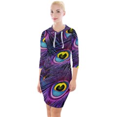 Peacock Feathers Purple Quarter Sleeve Hood Bodycon Dress