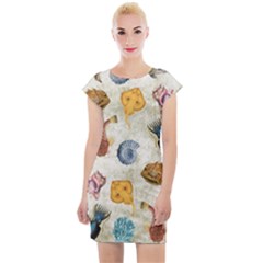 Sea World Vintage Pattern Cap Sleeve Bodycon Dress