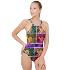 Sideways Sumac Collage High Neck One Piece Swimsuit by okhismakingart