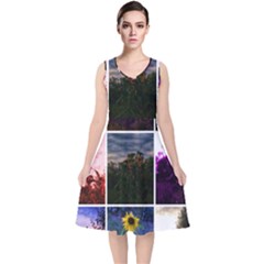 Sunflower Collage V-neck Midi Sleeveless Dress  by okhismakingart