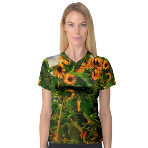 Sunflowers V-neck Sport Mesh Tee by okhismakingart