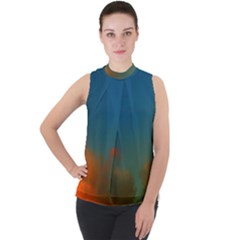 Orange And Blue Sky Mock Neck Chiffon Sleeveless Top by okhismakingart