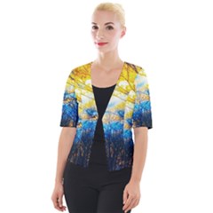 Yellow And Blue Forest Cropped Button Cardigan by okhismakingart