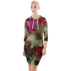 Grainy Green Flowers Quarter Sleeve Hood Bodycon Dress