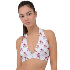 Cute Floral Drawing Motif Pattern Halter Plunge Bikini Top