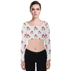 Cute Floral Drawing Motif Pattern Velvet Long Sleeve Crop Top