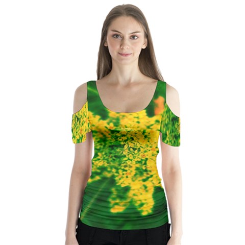 Yellow Sumac Bloom Butterfly Sleeve Cutout Tee  by okhismakingart