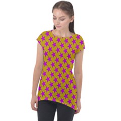 Pink Stars Pattern On Yellow Cap Sleeve High Low Top