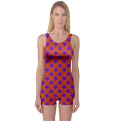 Purple Stars Pattern On Orange One Piece Boyleg Swimsuit by BrightVibesDesign