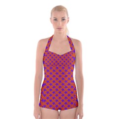 Purple Stars Pattern On Orange Boyleg Halter Swimsuit  by BrightVibesDesign