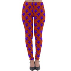 Purple Stars Pattern On Orange Lightweight Velour Leggings by BrightVibesDesign