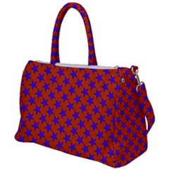 Purple Stars Pattern On Orange Duffel Travel Bag by BrightVibesDesign